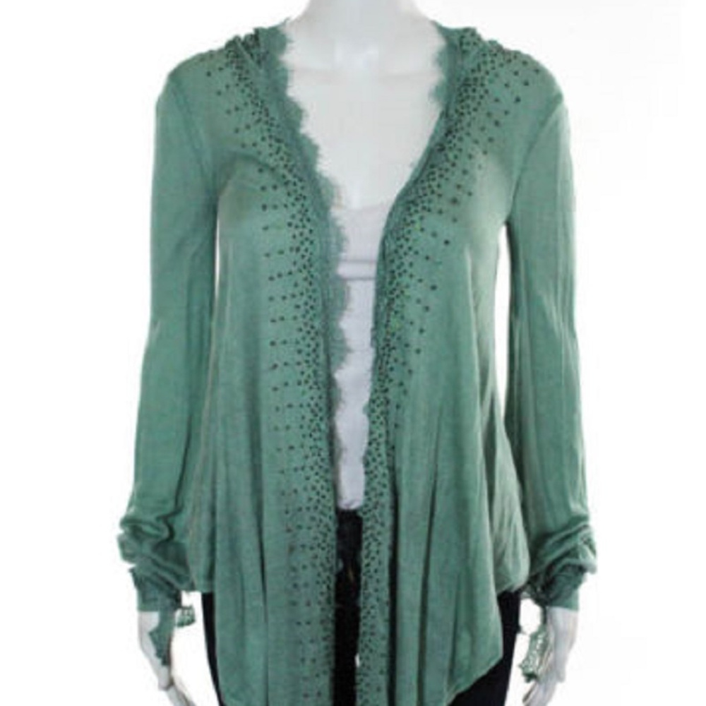 YaYa Aflalo seafoam green lace open cardigan small sweater jacket hooded coat